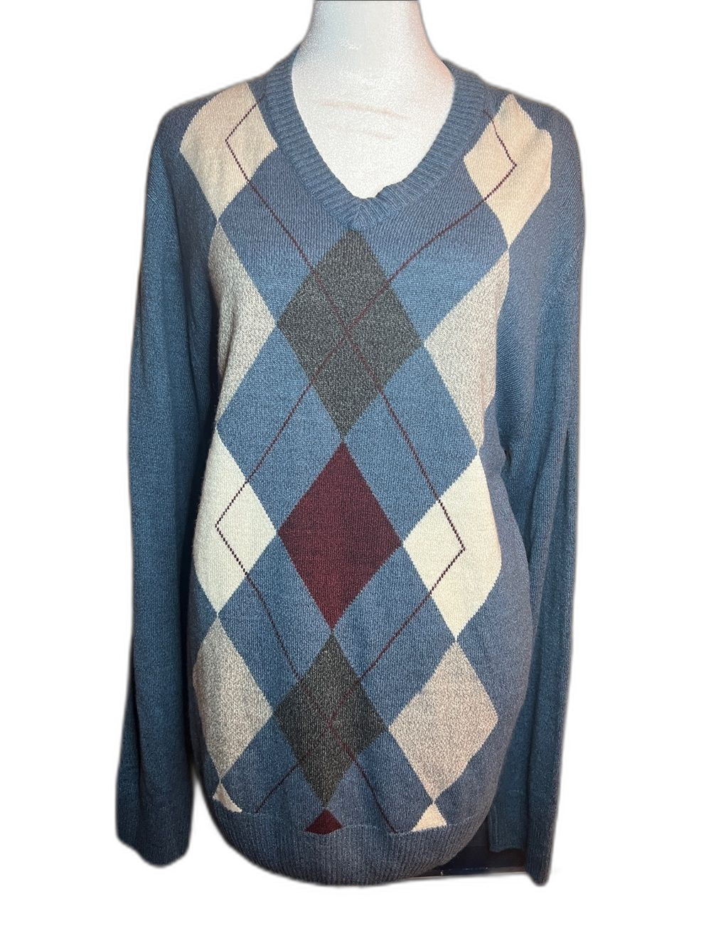 Tricots St Rafael Man's Blue Argyle V-Neck Sweater with Diamond Pattern Size L